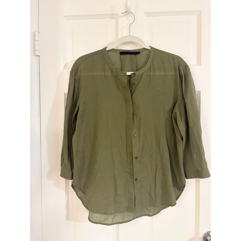 Jenni Kayne Olive Green Cotton Linen Button Down Blouse 3/4 Sleeve XS